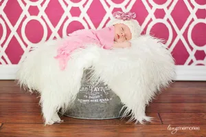 SET White Mongolian Fur and Cherry Blossom Hat Photography Prop Newborn Baby