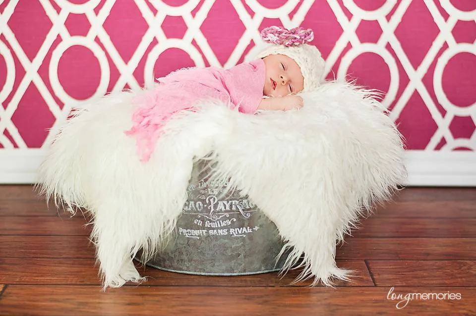 SET White Mongolian Fur and Cherry Blossom Hat Photography Prop Newborn Baby