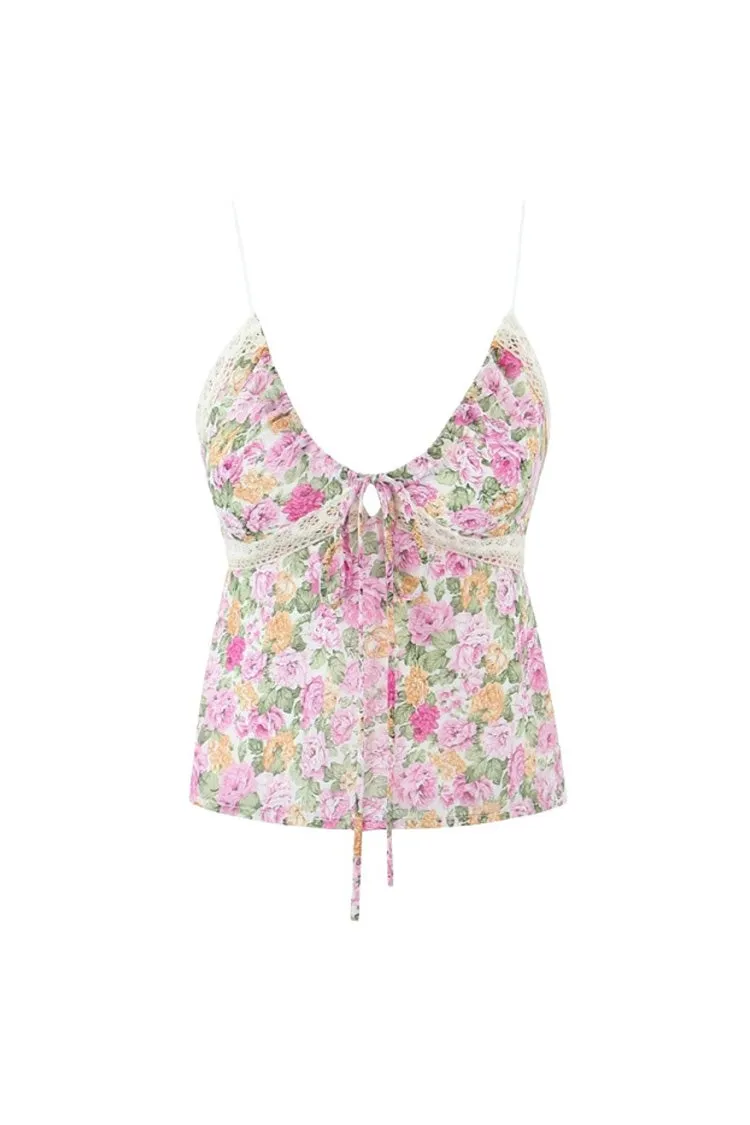 Sexy Floral Tie Front V Neck Spaghetti Strap Lace Trim Smocked Tank Top