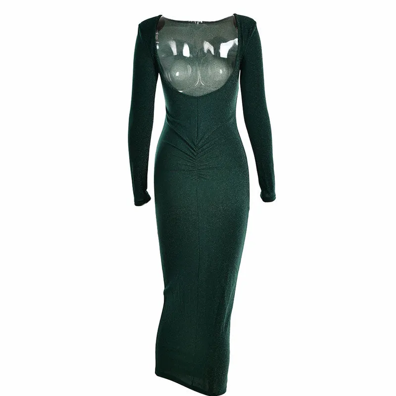 Shimmery Shoulder Pad Long Sleeve Open Back Cocktail Midi Dress - Emerald Green