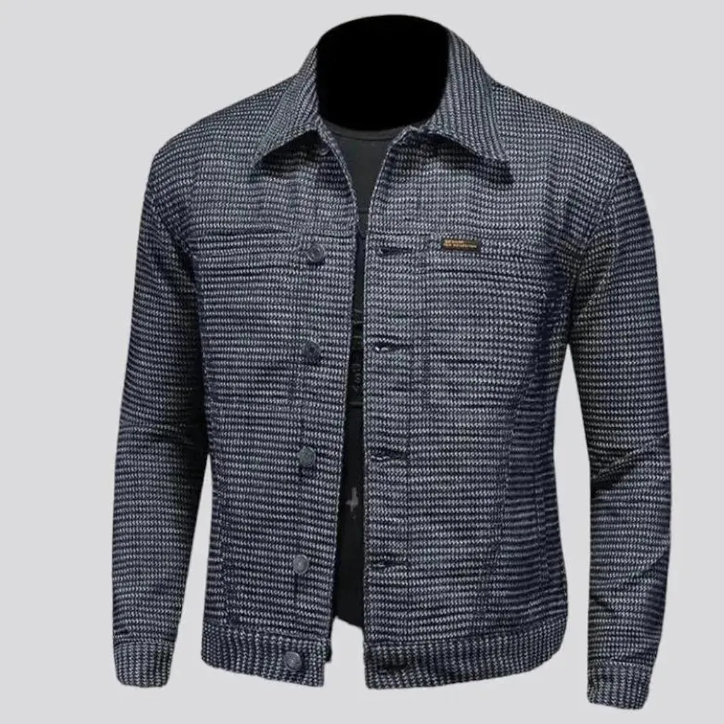 Slim ornament-print men's denim jacket