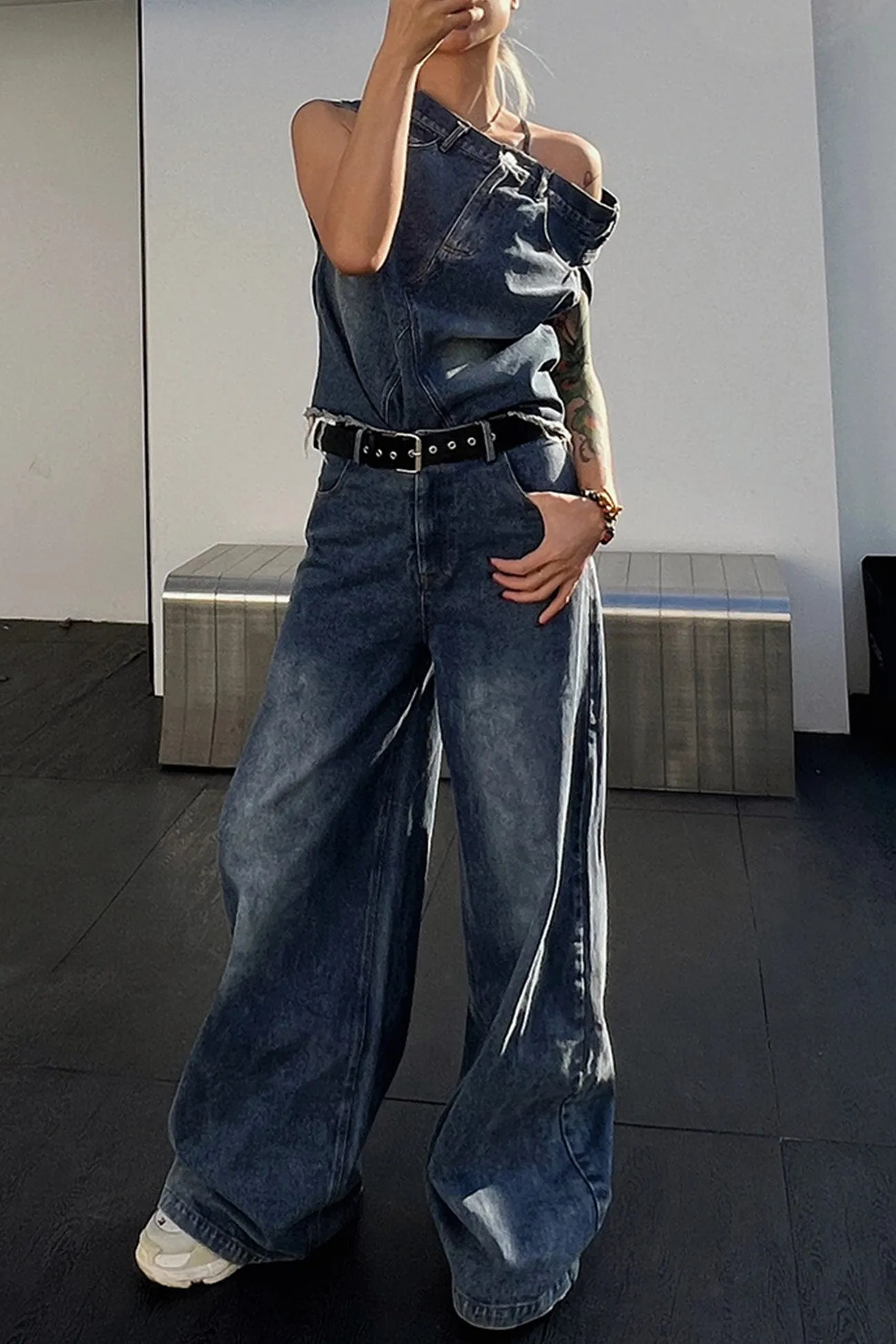 Slop Shoulder Irregular Tank Top High Rise Denim Jeans Suits