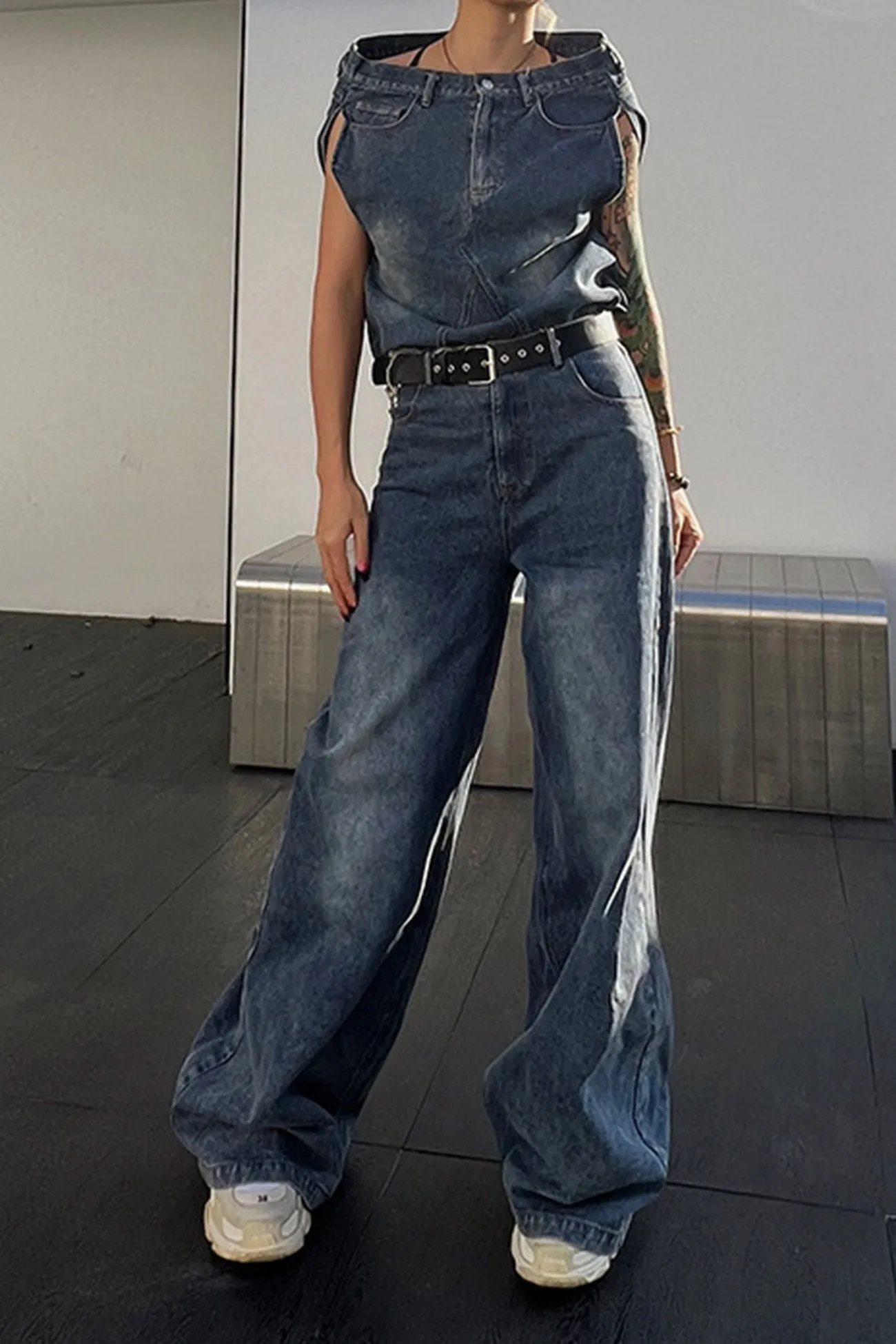 Slop Shoulder Irregular Tank Top High Rise Denim Jeans Suits