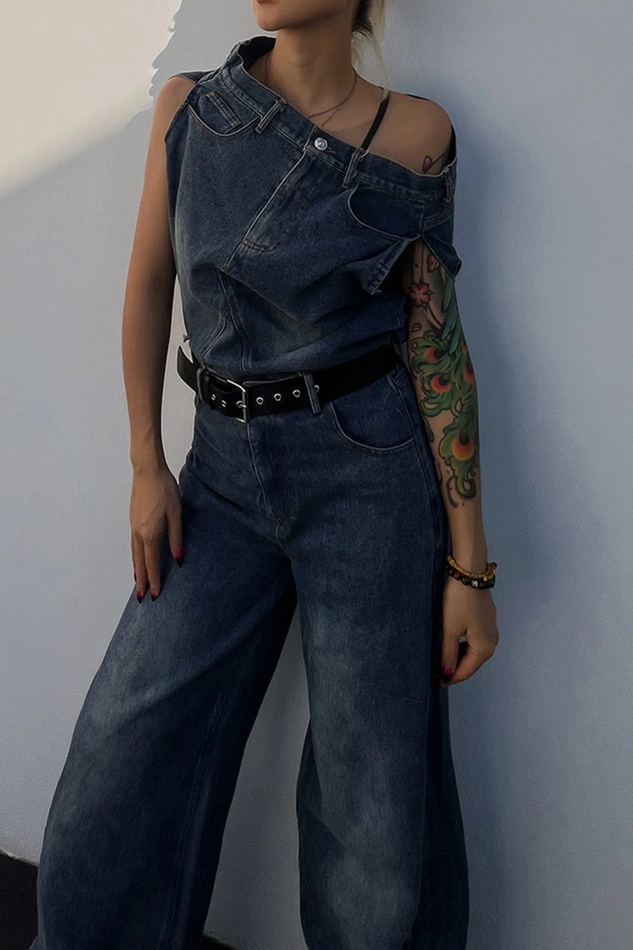 Slop Shoulder Irregular Tank Top High Rise Denim Jeans Suits