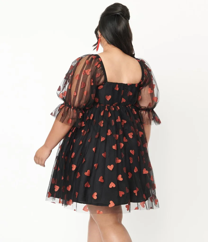 Smak Parlour Black & Red Glitter Hearts Love Interest Babydoll Dress (XS, S and M ONLY)