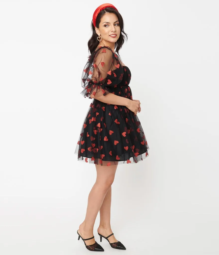 Smak Parlour Black & Red Glitter Hearts Love Interest Babydoll Dress (XS, S and M ONLY)