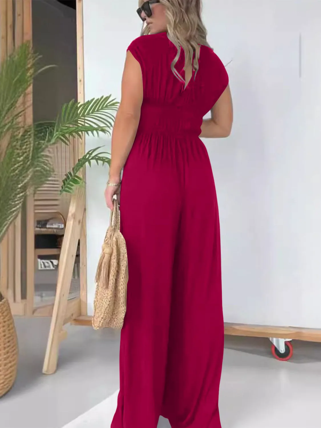 Smocked Cap Sleeve Wide Leg Jumpsuit