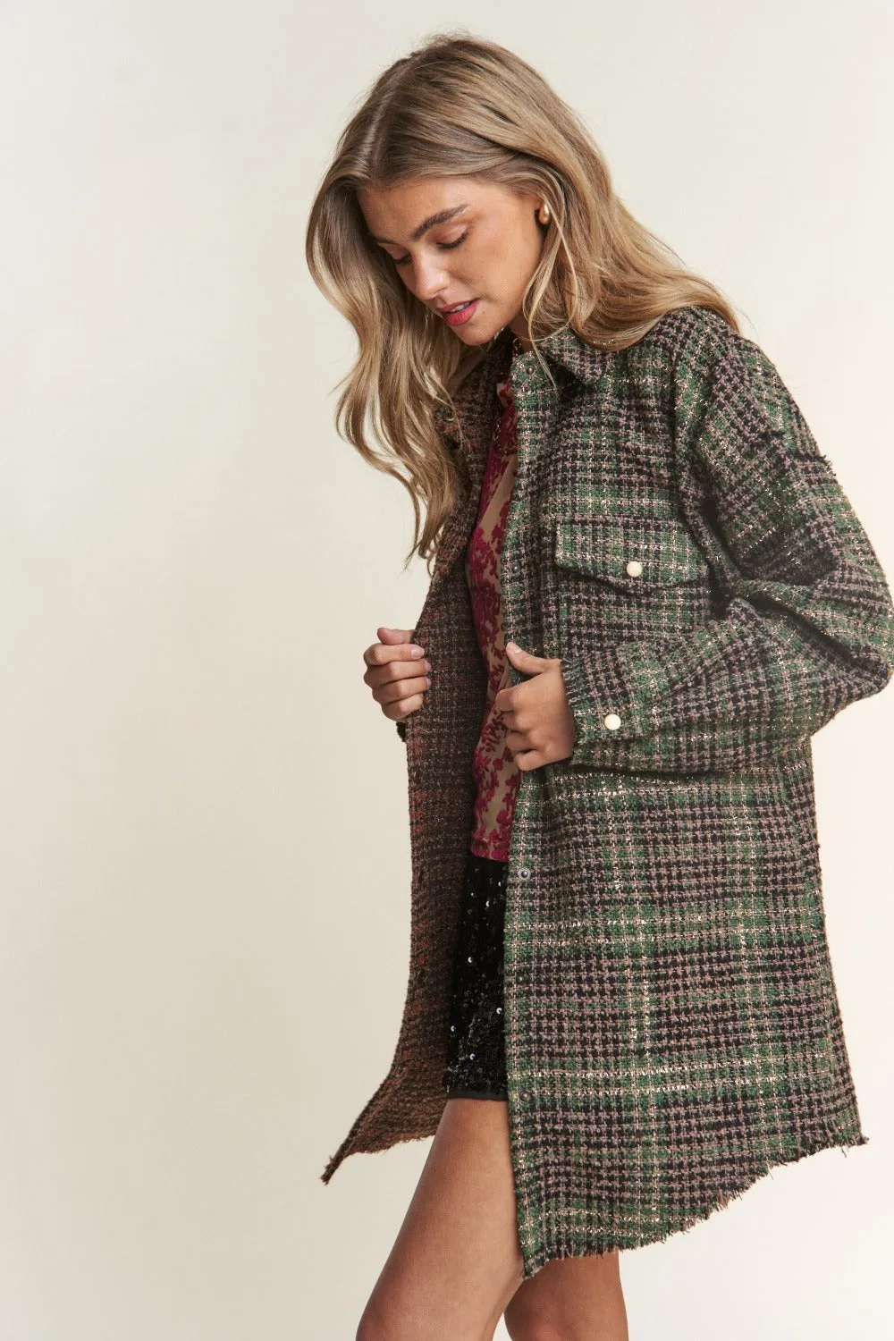 Snap Down Tweed Plaid Contrast  Longline Shacket