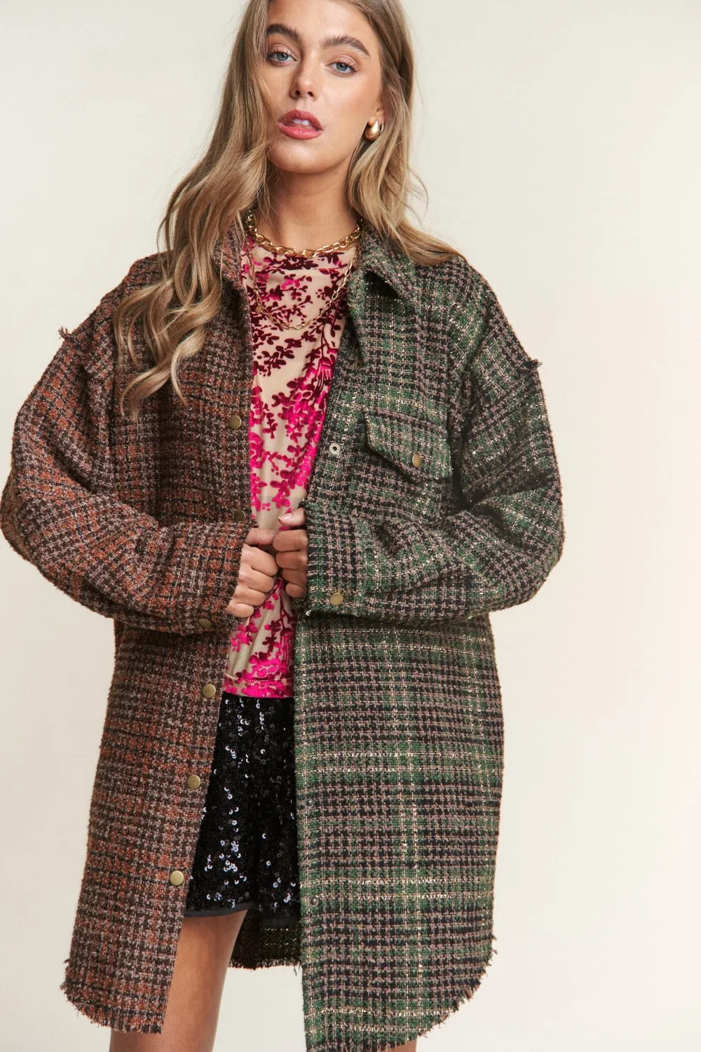 Snap Down Tweed Plaid Contrast  Longline Shacket