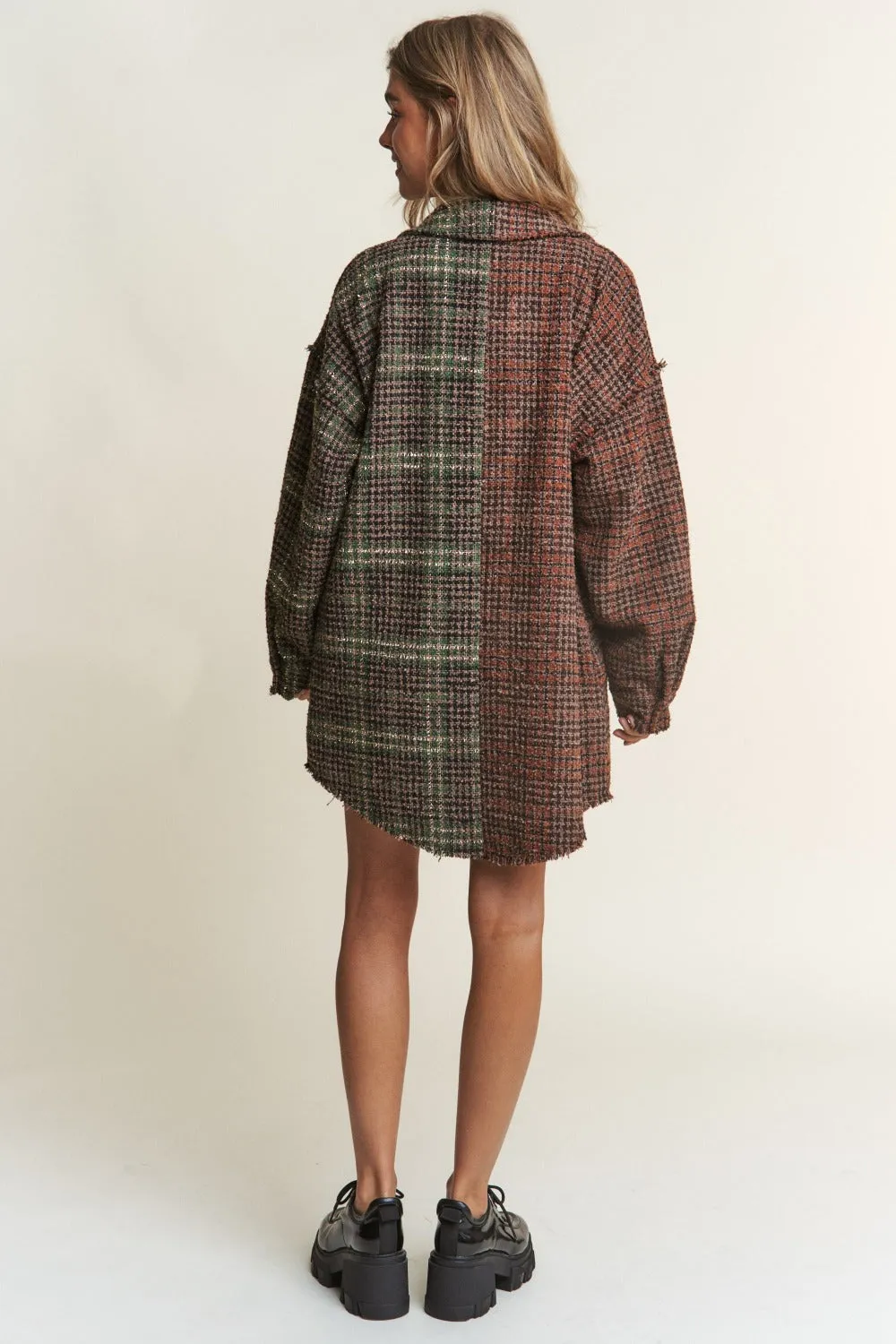 Snap Down Tweed Plaid Contrast  Longline Shacket