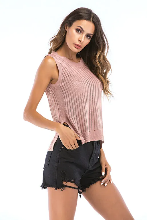 Solid Cut Out Slit Knit Tank Top