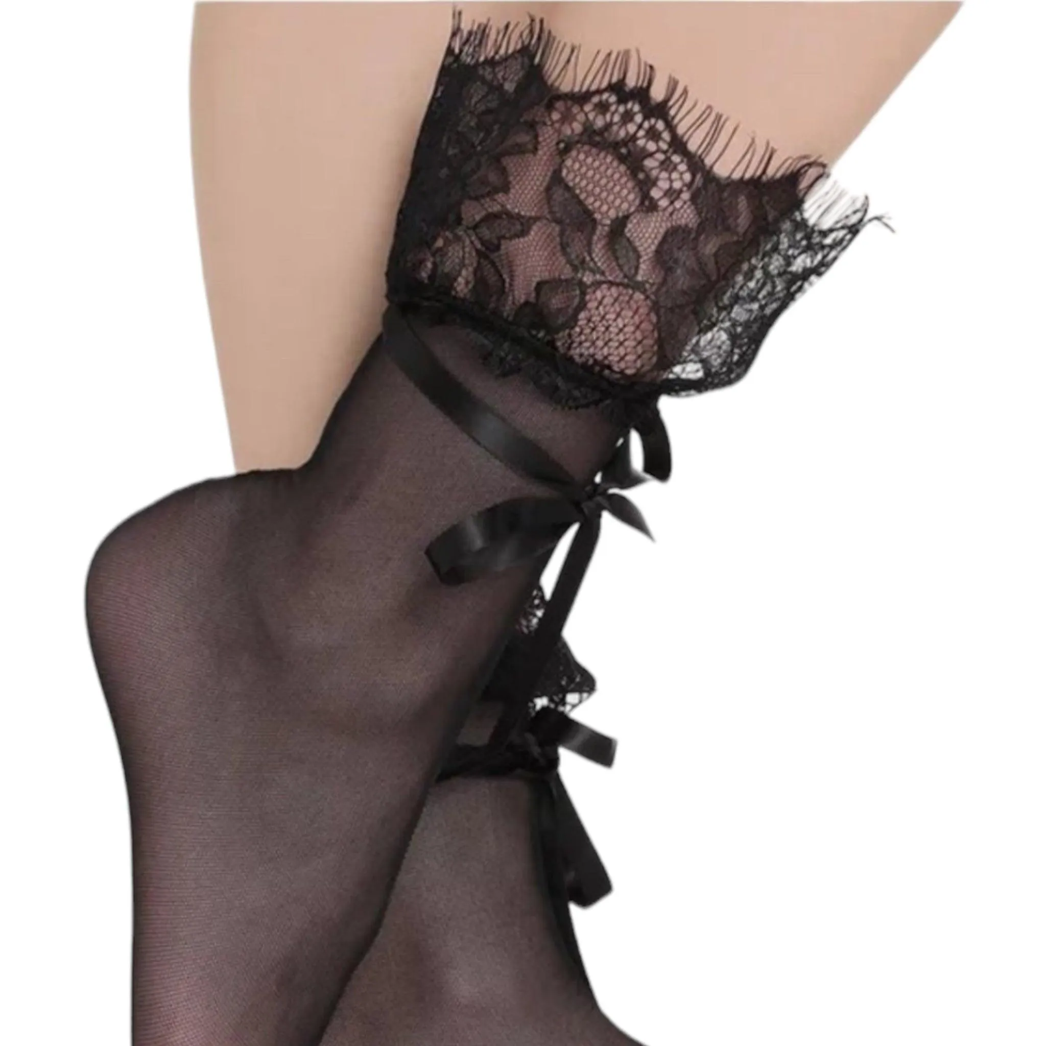 Stylish Black Mesh Frilly Ankle Tie Socks