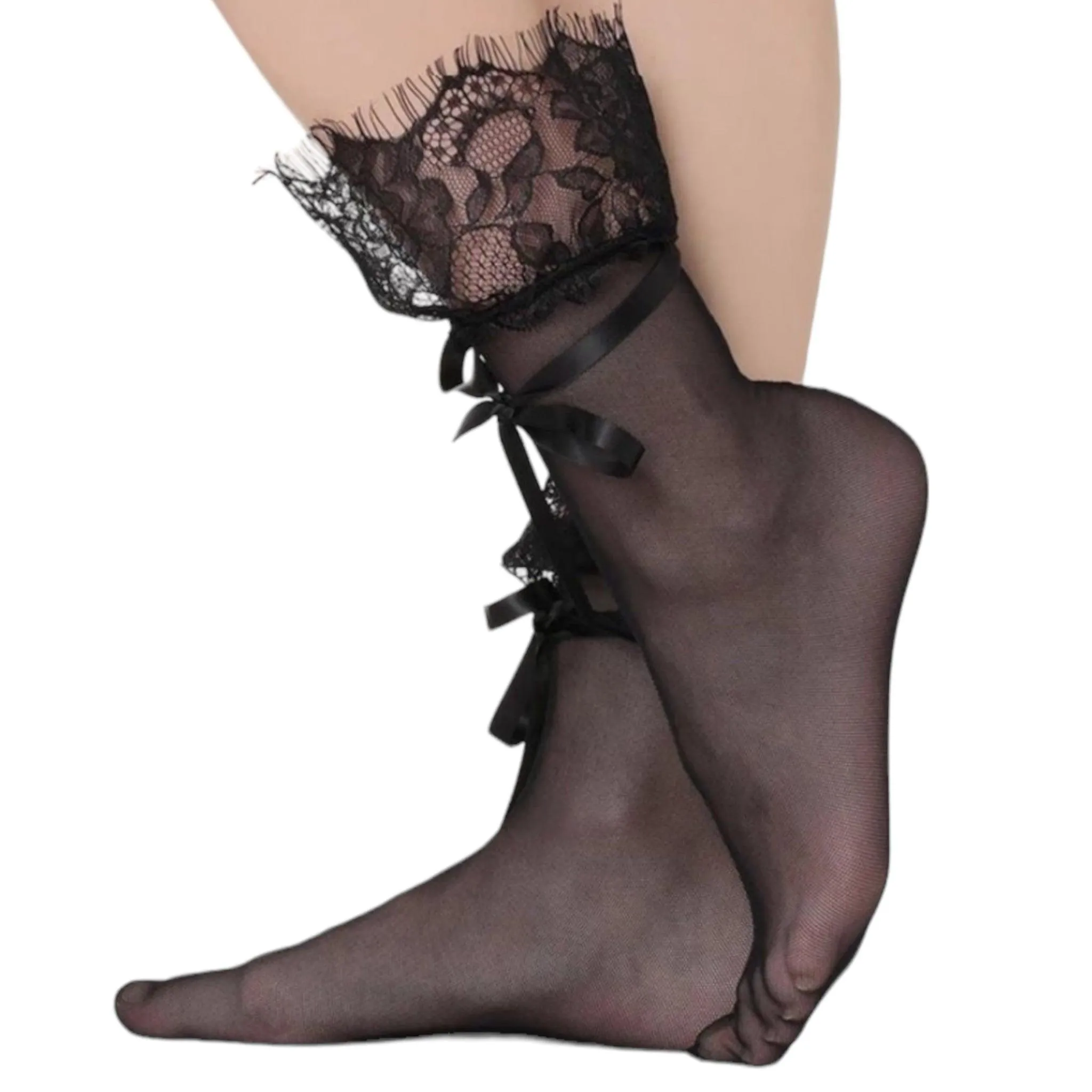 Stylish Black Mesh Frilly Ankle Tie Socks