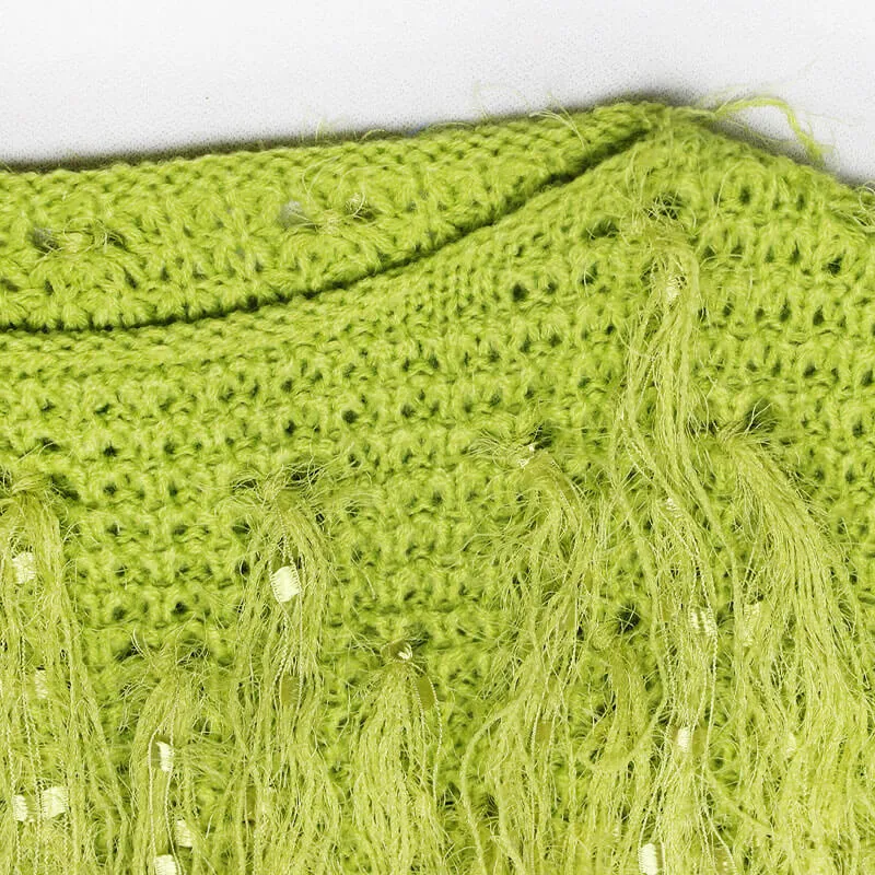 Stylish Crochet Knit Faux Fur Fringe Long Sleeve Cropped Sweater - Green