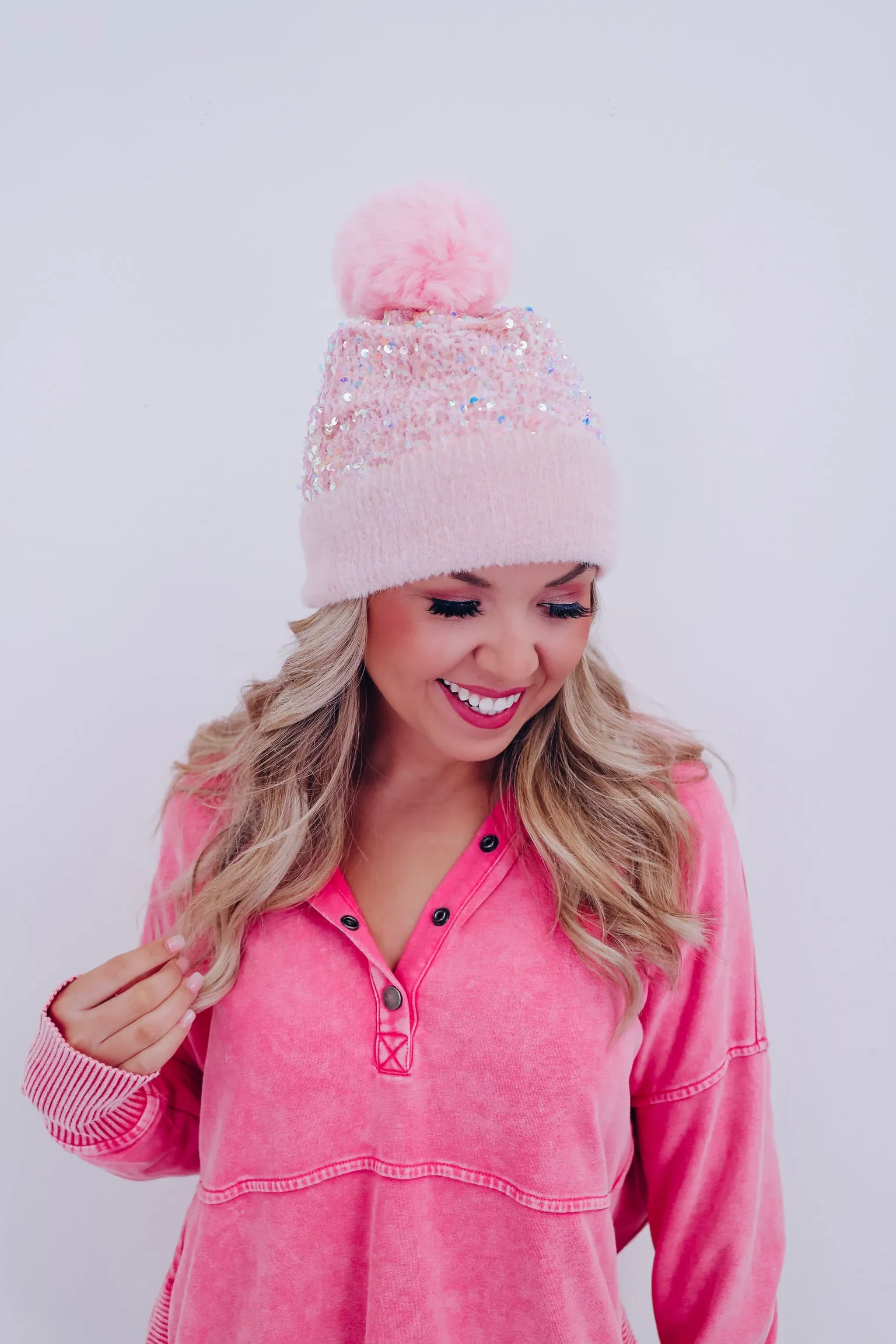 Suzie Sequin Pom Beanie - Light Pink