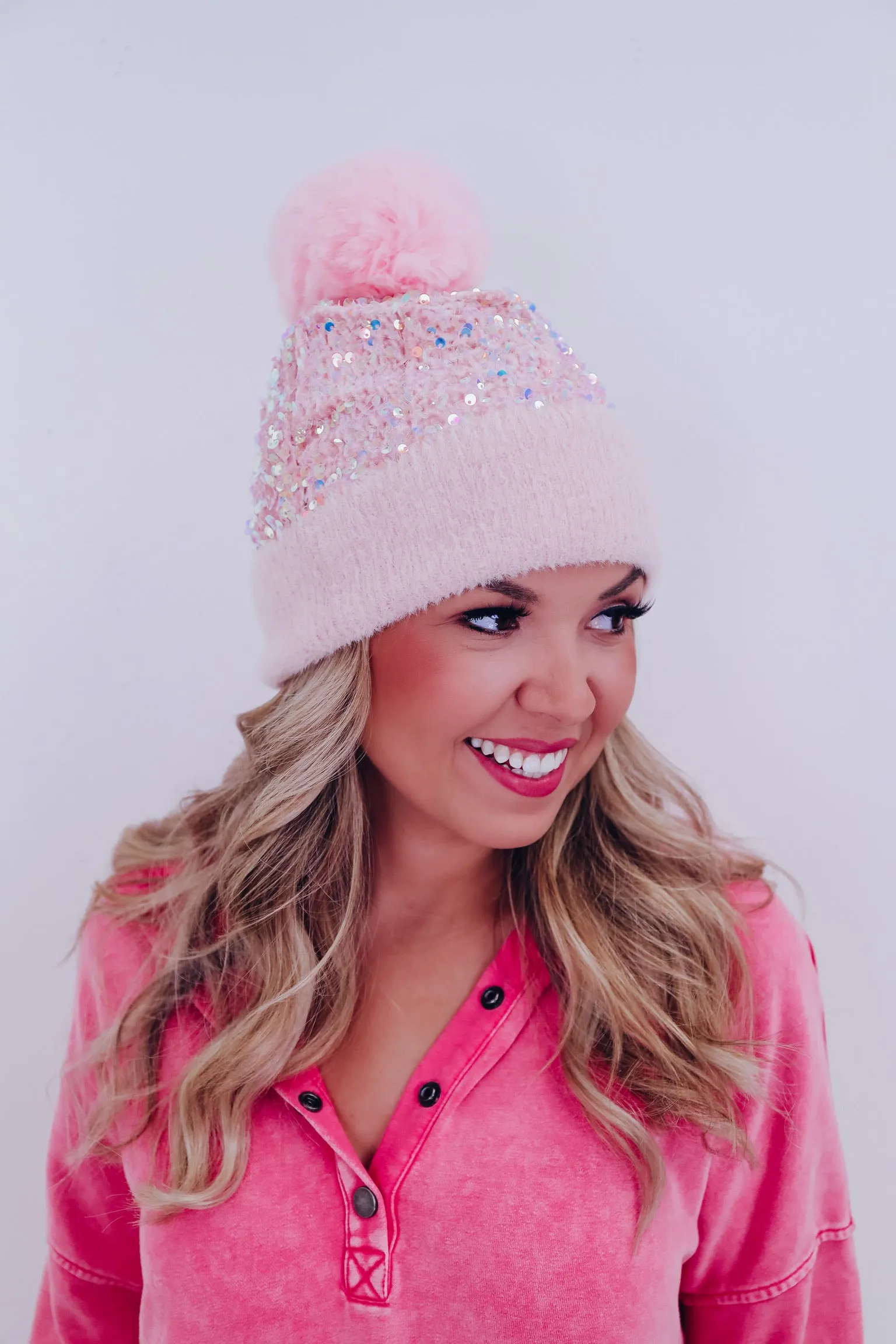 Suzie Sequin Pom Beanie - Light Pink