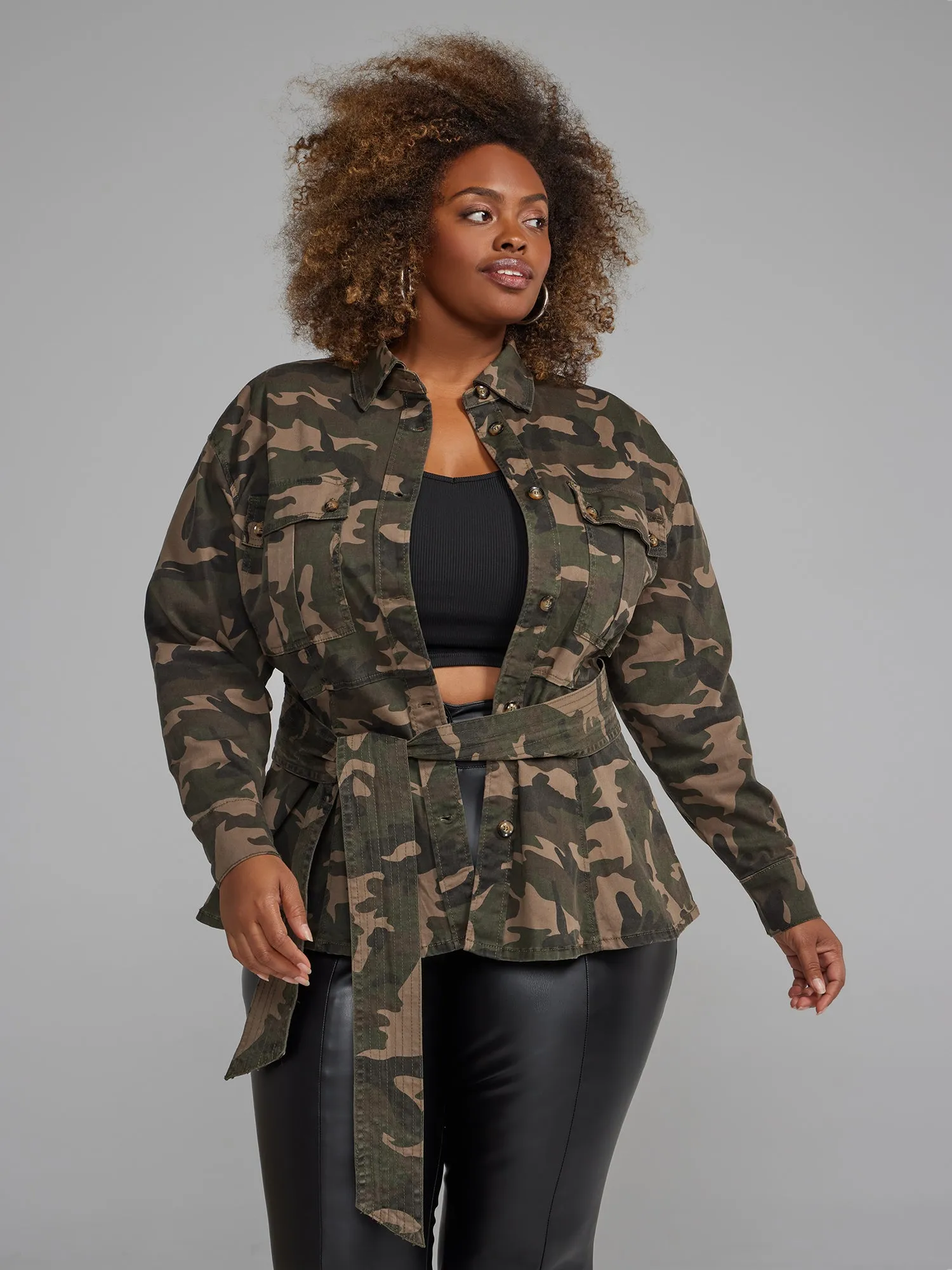 Tie Waist Camo Shacket