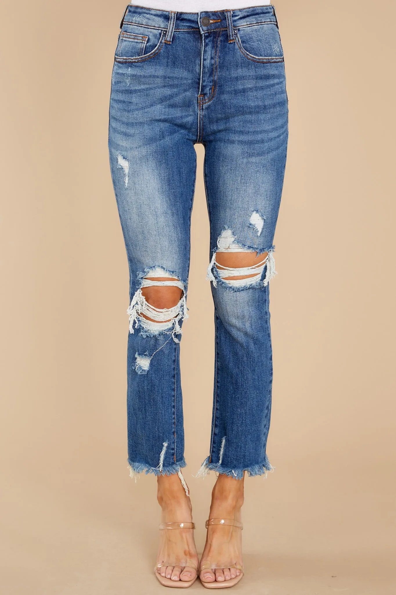 Treat Yourself Medium Wash Distressed Straight Jeans