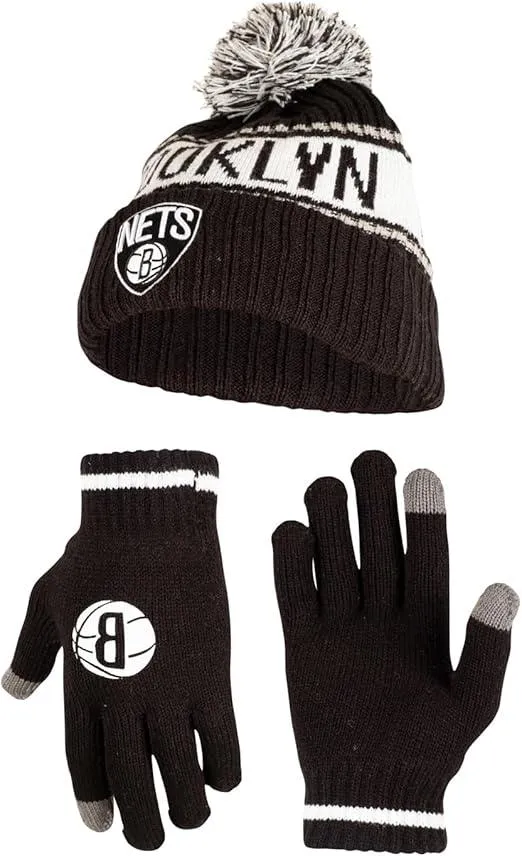 Ultra Game NBA Official Men’s Super Soft Winter Beanie Knit Hat With Extra Warm Touch Screen Gloves - Unisex, Brooklyn Nets, Team Color, 1SIZE|Brooklyn Nets