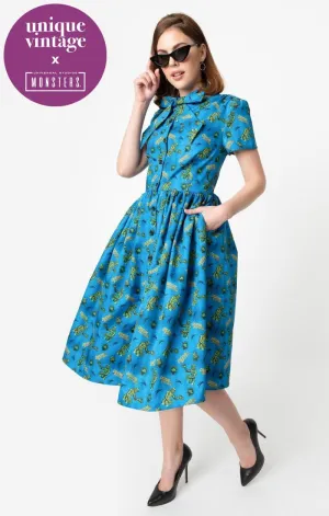 Universal Monsters x Unique Vintage 1950s Creature From The Black Lagoon Print Swing Dress (S ONLY)