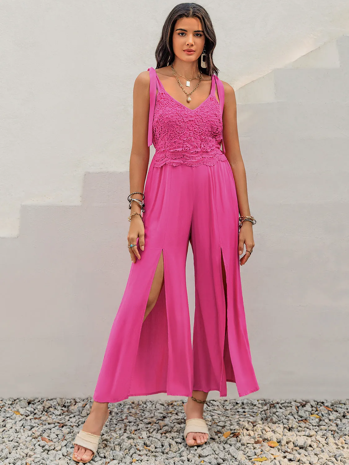 V-Neck Wide Strap Slit Jumpsuit