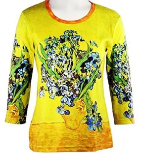 Van Gogh Vase with Irises, 3/4 Sleeve, Scoop Neck, Hand Silk Screened Art Top