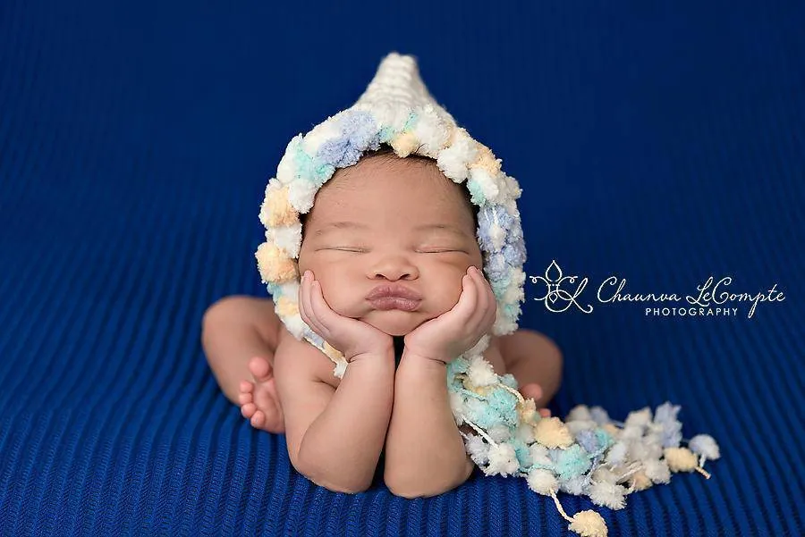 White Blue Yellow Bonnet Hat Newborn Pom Pom Hat