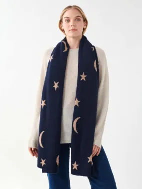 White   Warren - Cashmere New Moon Intarsia Scarf in Deep Navy/Camel