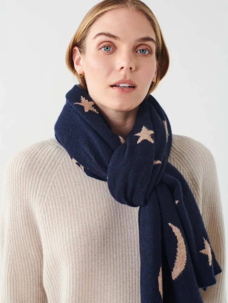 White   Warren - Cashmere New Moon Intarsia Scarf in Deep Navy/Camel