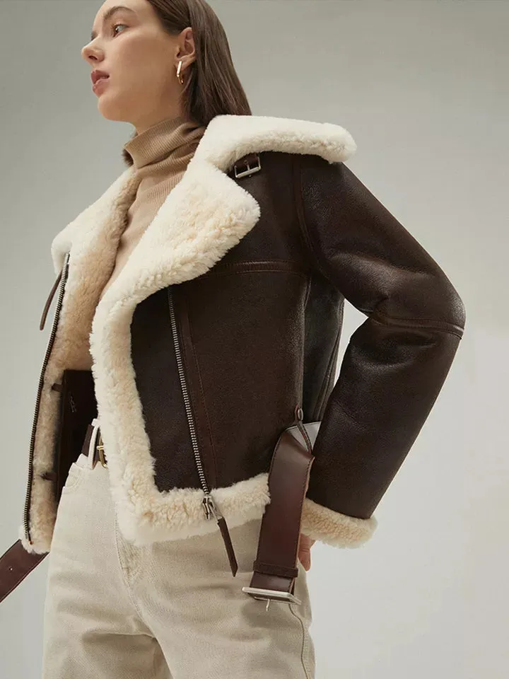 Women’s Dark Brown Leather Shearling Coat Aviator Jacket