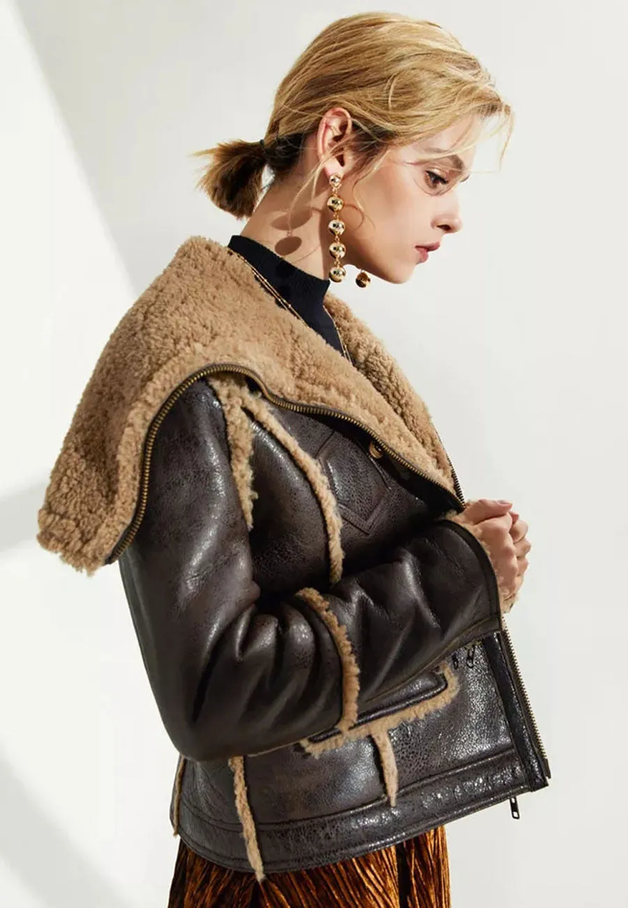 Women’s Dark Brown Leather Shearling Long Collar Jacket