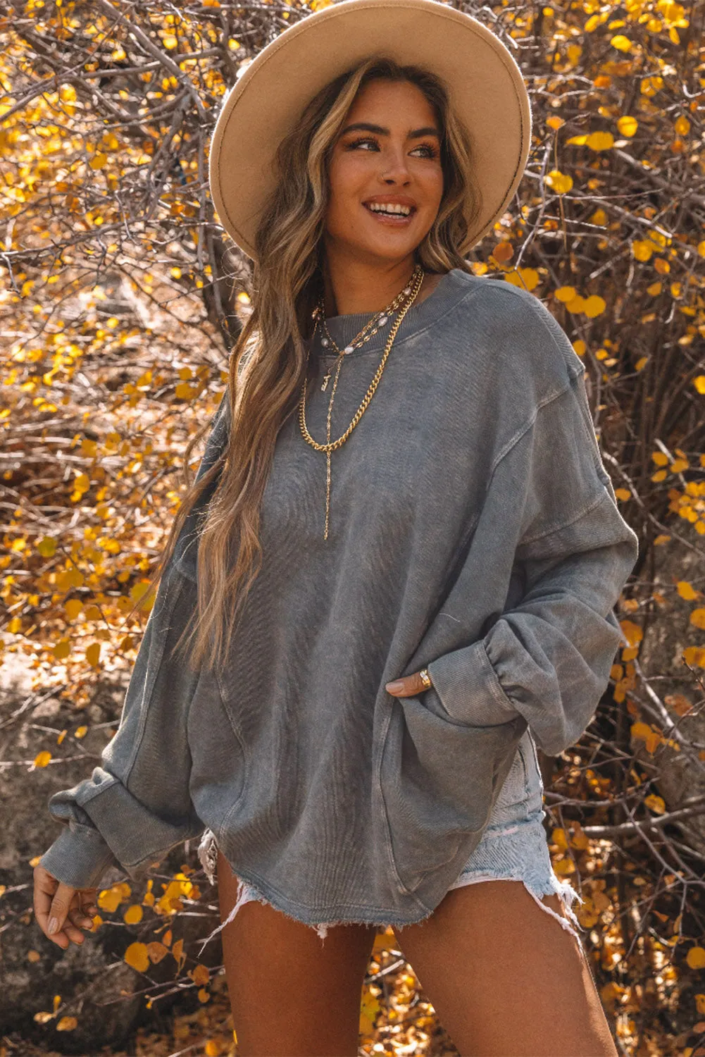 Women's Exposed Seam Twist Open Back Oversized Sweatshirt