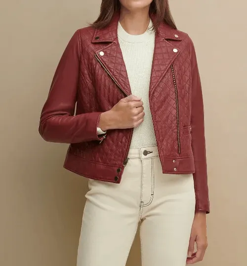 Womens Maroon Asymmetrical Leather Jacket