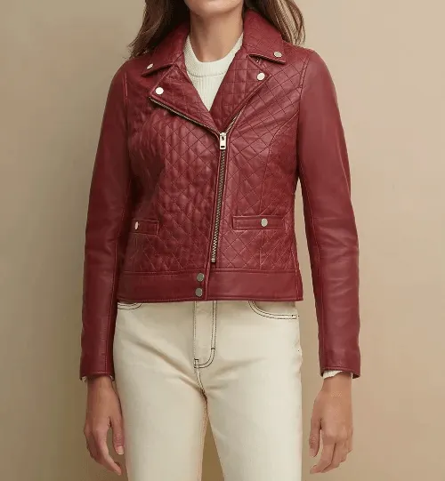 Womens Maroon Asymmetrical Leather Jacket