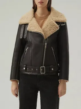 Women’s Matte Black Leather Brown Shearling Coat Aviator Jacket