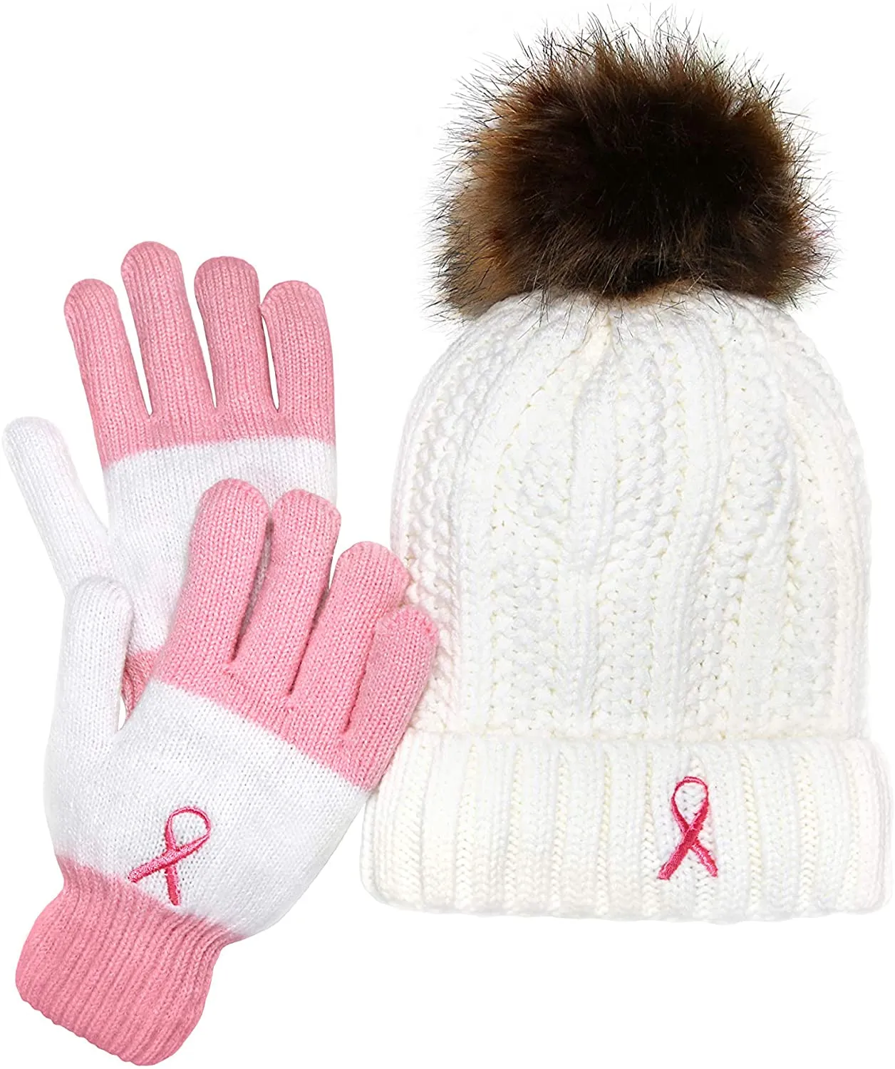 Women’s Winter set, Knitted Beanie with Pompom and Gloves, Pink Ribbon Breast Cancer Awareness