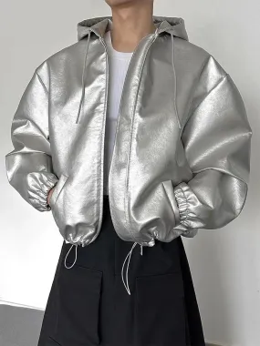 Y2k Silver Oversized PU Leather Jacket